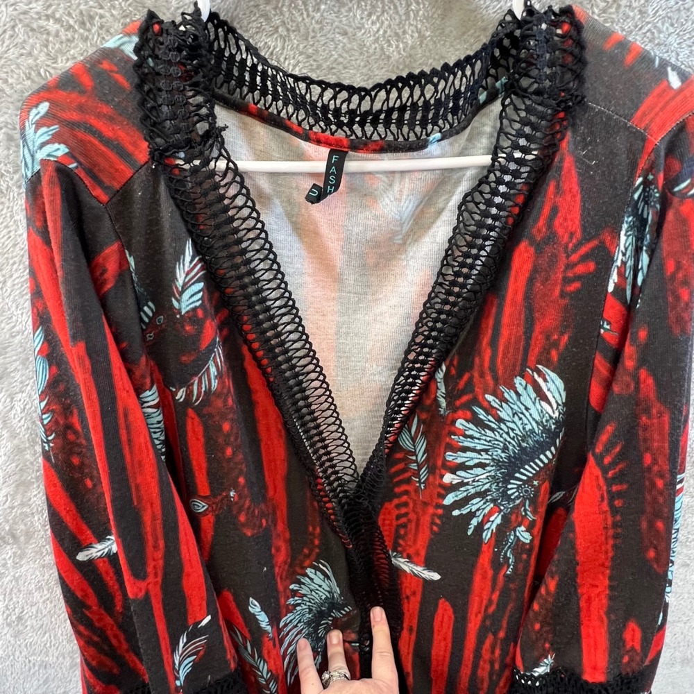 Womens Red Black Southwestern Headdress Print Kimono Cardigan‎ Lace Boho Western